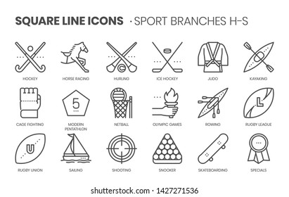 Sport branches related, pixel perfect, editable stroke, up scalable square line vector icon set. 