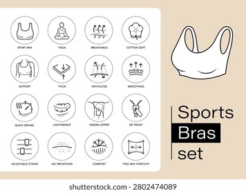 Sport bras icon set. The outline vector icons are well scalable and editable for packaging label design. Great for infographic for different backgrounds. EPS10.