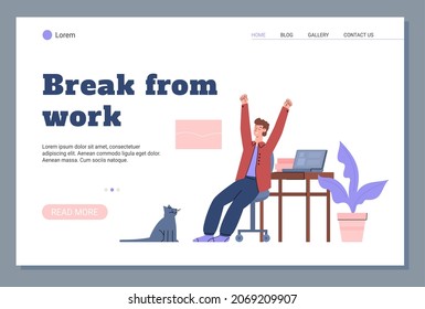 Sport break from work at the home office, landing page template - flat vector illustration. Happy man stretches in front of the desk with laptop, relaxing exercise web banner.