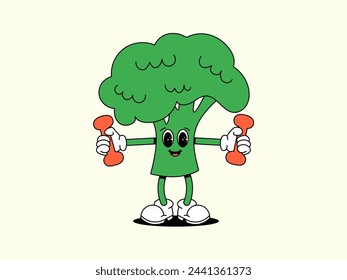Sport broccoli with dumbbells in hands. Green groove vegetable. Character of Healthy food. Retro Vector illustration