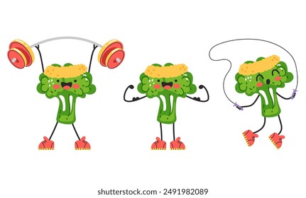 Sport broccoli fitness vegetable character isolated set. Vector flat graphic design element illustration 