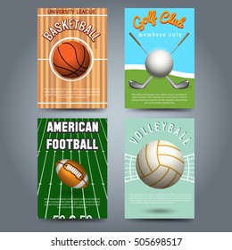 Sport brochure flyers template set. Basketball volleyball american footbal and golf cards. Vector illustration