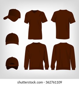 Sport brown t-shirt, sweater and baseball cap isolated set vector