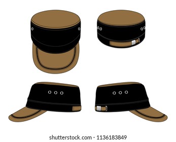 Sport Brown-Black Cadet Military Cap With Adjustable Metal Buckle Strap Back Design Vector.