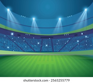 Sport building 3D illustration. Night Cricket stadium. Cricket league concept poster. Wide view soccer stadium prepared for the evening match. Sports stadium field view.