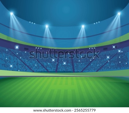 Sport building 3D illustration. Night Cricket stadium. Cricket league concept poster. Wide view soccer stadium prepared for the evening match. Sports stadium field view.