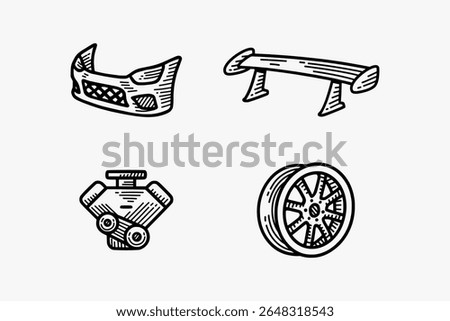 sport bumper, low spoiler racing, v engine, split spoke, car wheel rim engraving doodle illustration vector design set for automotive, racing, garage, workshop, vehicle, custom service, repair