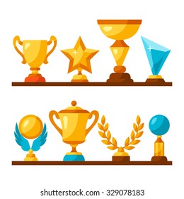 Sport or business trophy award icons set on shelves.