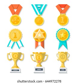 Sport or business trophy award icons set. Hanging medals, gold cups and gold awards on white. Vector poster of prizes and rewards made of gold, on beautiful tapes and stands in flat style.