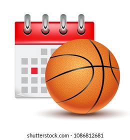 Sport calendar and basketball realistic. Month date schedule competition event. Basketball calendar icon.