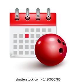 Sport calendar and bowling realistic ball. Month date schedule competition event. Bowling calendar icon.