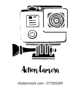 Sport camera, action camera isolated on white background. Vector illustration in sketch style.