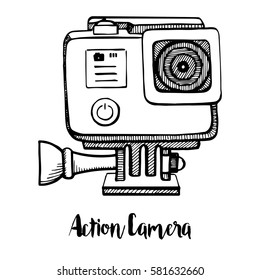 Sport camera, action camera isolated on white background. Vector illustration in sketch style.