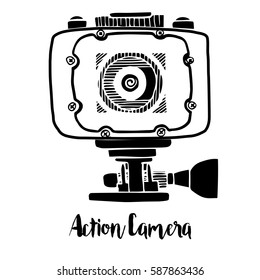 Sport camera, action camera isolated on white background. Vector illustration in sketch style.