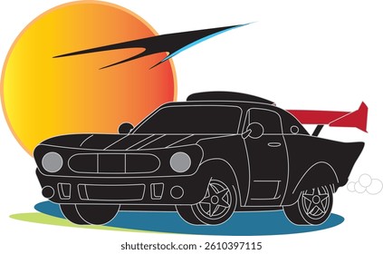Sport car in black color and white outline style