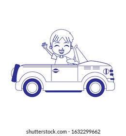 sport car with cute boy waving over white background, flat design, vector illustration