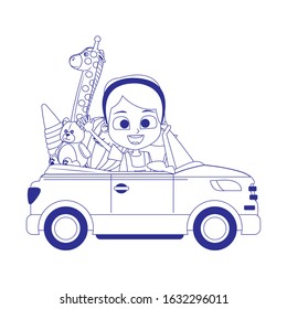 sport car with cute girl and toys over white background, vector illustration