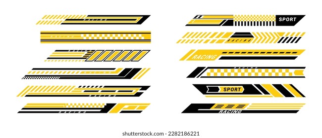 Sport car decal stripes. Speed lines, racing tuning strips and car sticker vector set. Yellow vehicle marking elements for transport modifying isolated on black. 