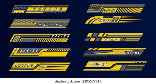 Sport car decal stripes. Speed lines, racing tuning strips and car sticker vector set. Yellow vehicle marking elements for transport modifying isolated on black. Automobile identity