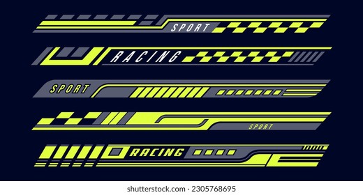 Sport car decal stripes. Speed lines, racing tuning strips and car sticker vector set. Yellow vehicle marking elements for transport modifying isolated on black. Automobile identity