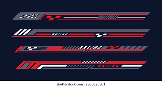 Sport car decal stripes. Speed lines, racing tuning strips and car sticker vector set. Yellow vehicle marking elements for transport modifying isolated on black. Automobile identity
