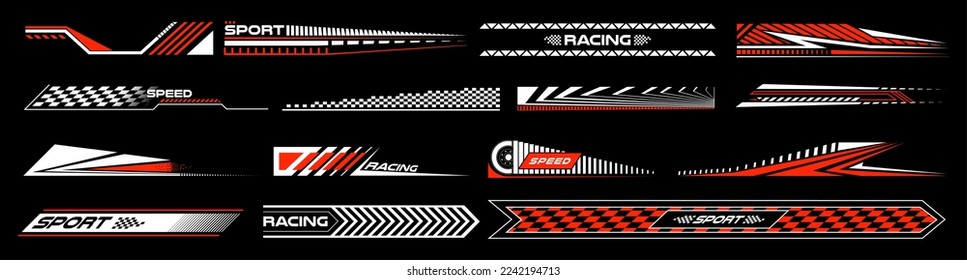 Sport car decal stripes. Car tuning stickers, speed racing stripes. Red markings for transport. Isolated on black background