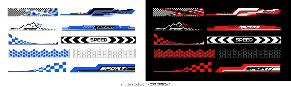 Sport car decal stripes. Car tuning stickers, speed racing stripes. Red and blue markings for transport