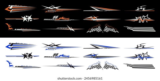 Sport car decal stripes. Car tuning finish flag stickers, speed racing stripes. White and black markings for transport