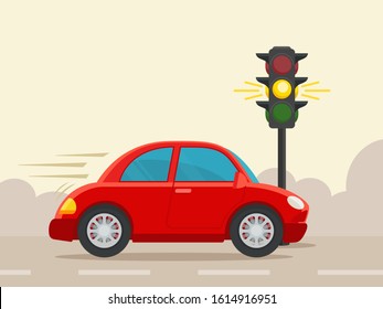 Sport car driving at yellow traffic light signal. Traffic violation and illegal over speed limit on road. Vector illustration, flat design cartoon style. Isolated background.