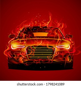 Sport car in fire realistic vector wallpaper 