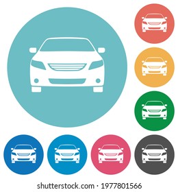 Sport car front view flat white icons on round color backgrounds