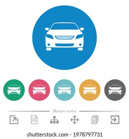 Sport car front view flat white icons on round color backgrounds. 6 bonus icons included.