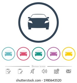 Sport car front view flat color icons in round outlines. 6 bonus icons included.