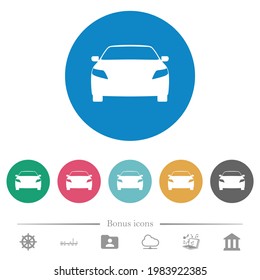 Sport car front view flat white icons on round color backgrounds. 6 bonus icons included.