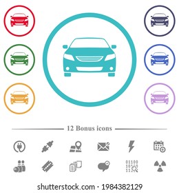Iconos de color plano de la vista frontal del coche deportivo en contornos de forma circular. 12 íconos adicionales incluidos.