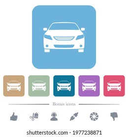 Sport car front view white flat icons on color rounded square backgrounds. 6 bonus icons included