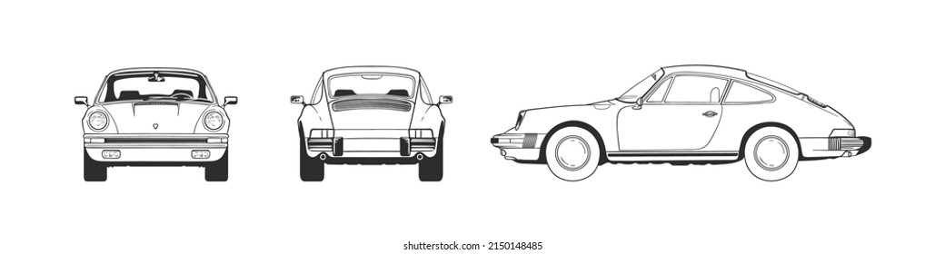 Sport car. Hand drawn car front back top and side view. Vector illustration