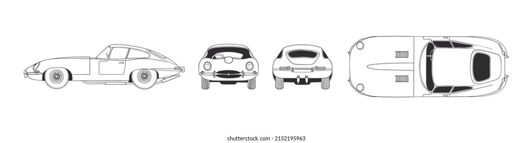 Sport car. Hand drawn car front back top and side view. Vector illustration