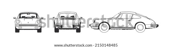 Sport car. Hand drawn car front back top and\
side view. Vector\
illustration