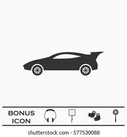 Sport car icon flat. Black pictogram on white background. Vector illustration symbol and bonus button