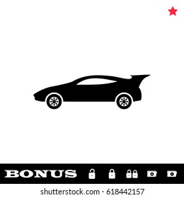 Sport car icon flat. Black pictogram on white background. Vector illustration symbol and bonus button open and closed lock, folder, star