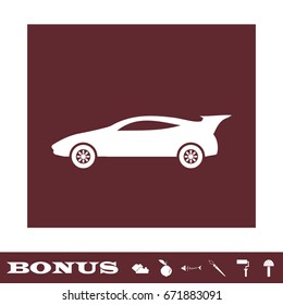 Sport car icon flat. White pictogram on brown background. Vector illustration symbol and bonus icons