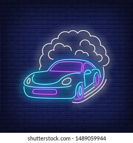 Sport car increasing speed neon sign. Glowing neon automobile. Race, competition, motor car. Night bright advertisement. Vector illustration in neon style for shop, business