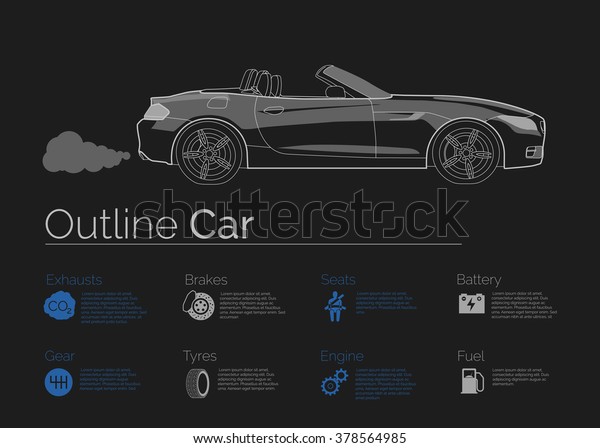 Sport car infographic with icon set. Car\
service infographic elements. Outline sport vehicle with\
highlighted parts. Race car repaired parts infographics. Light\
cabriolet car icons dark\
background