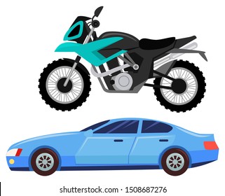 Sport car isolated transportation. Vehicle transport of cool modern type and shape. Motorbike and bike with seat, lorry. Buy new car and moto bike. Vector illustration in flat cartoon style