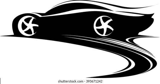 Sport car label design. Fast car emblem. Black and white car silhouette. Vector illustration