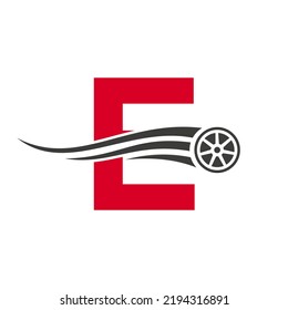 Sport Car Letter E Automotive Car Repair Logo Design Concept With Transport Tire Icon Vector Template