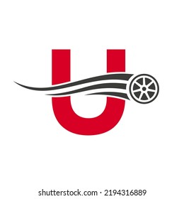 Sport Car Letter U Automotive Car Repair Logo Design Concept With Transport Tire Icon Vector Template