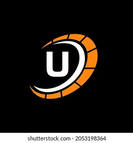 Sport Car Logo On Letter U Speed Concept. Car Automotive Template For Cars Service, Cars Repair With Speedometer U Letter Logo Design