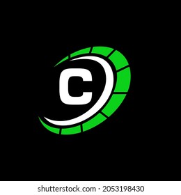 Sport Car Logo On Letter C Speed Concept. Car Automotive Template For Cars Service, Cars Repair With Speedometer C Letter Logo Design
